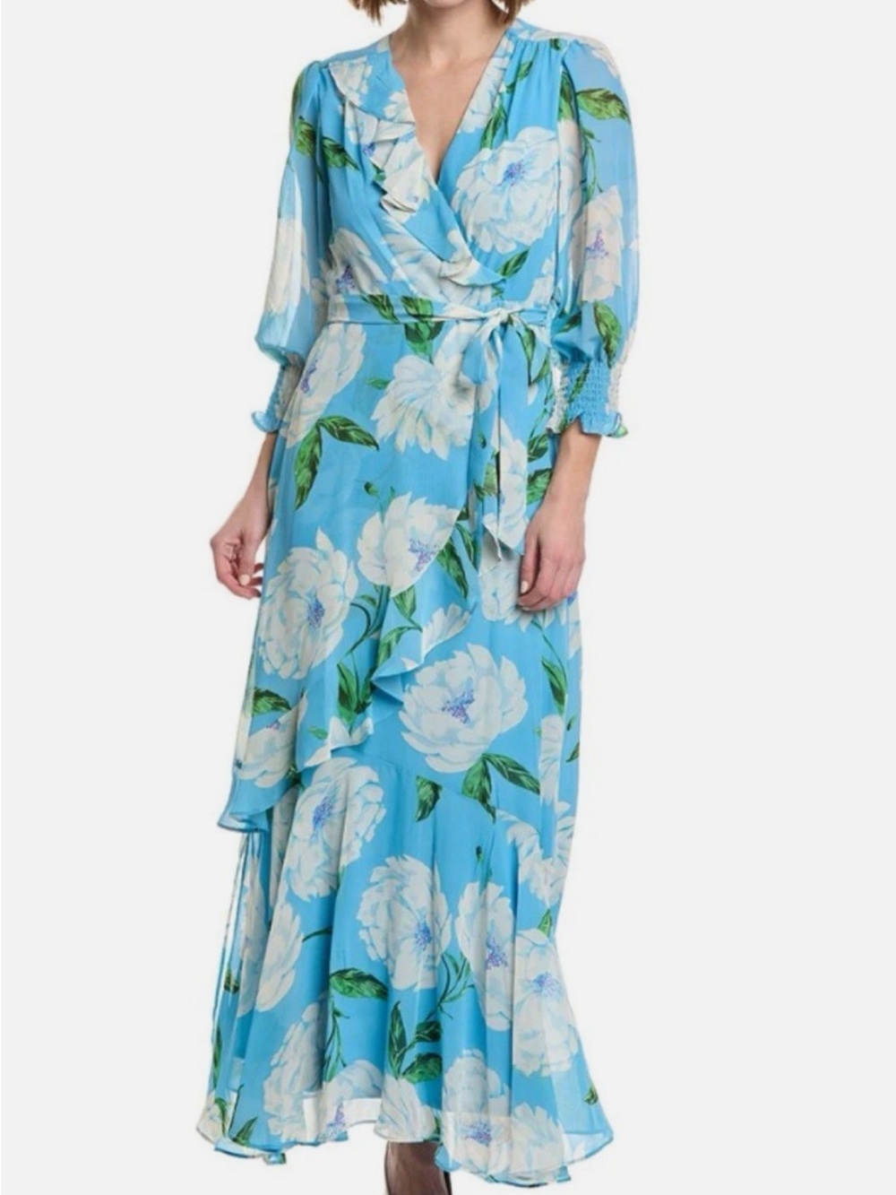 Taylor Long Sleeve V-Neck Chiffon Blue Floral Print Maxi Dress size 14W NWT